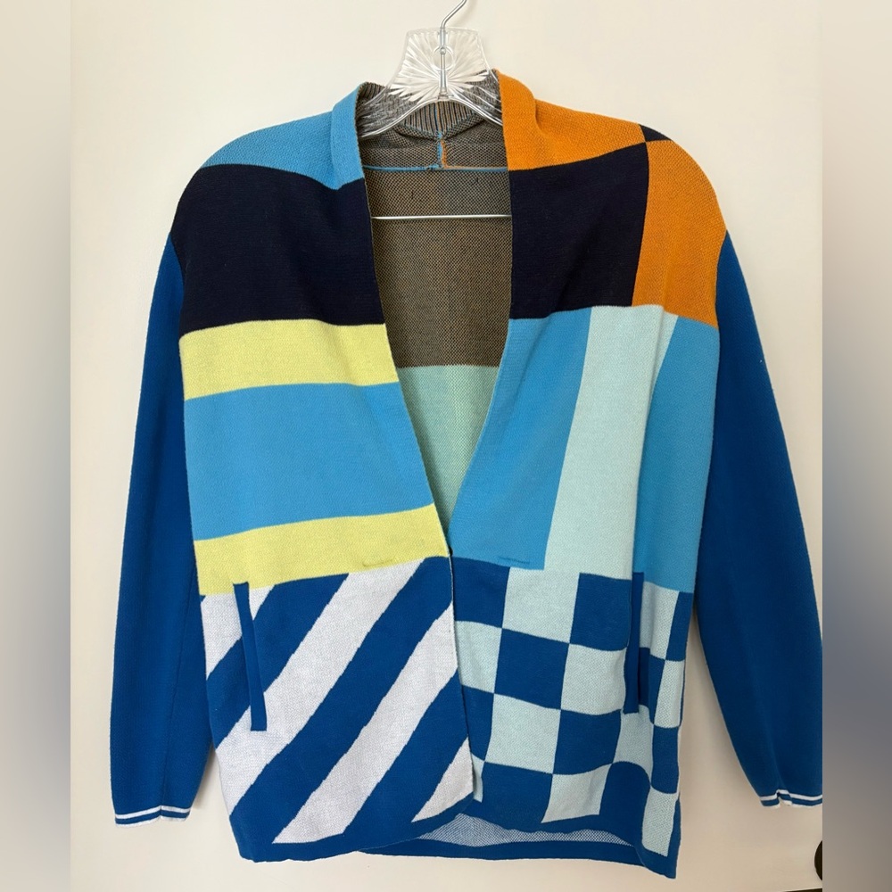 Lands' End Bright Blue & Yellow Patterned Colorblock Cardigan XS